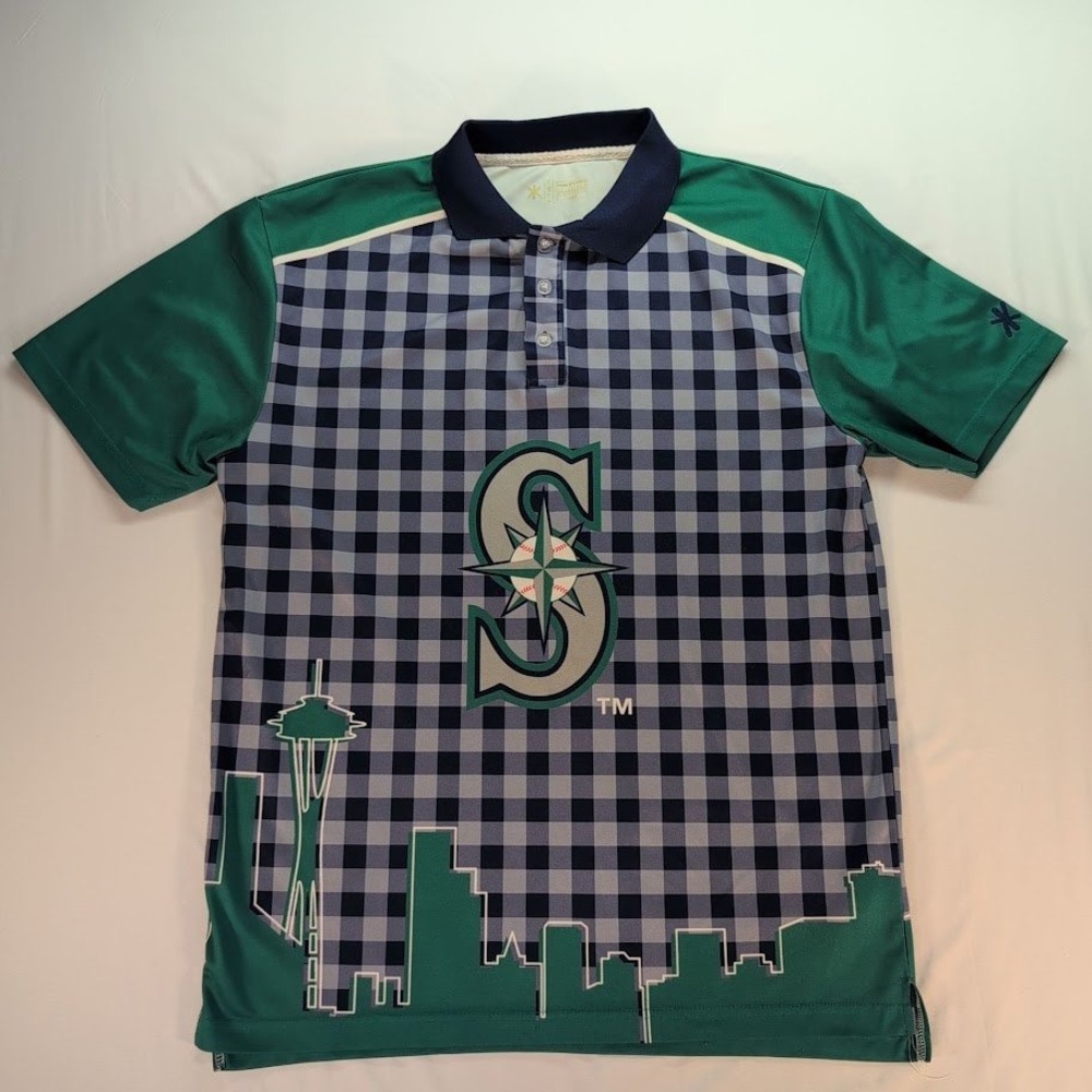 Seattle Mariners Mens Large Polo Shirt Checkered Skyline Green Navy MLB